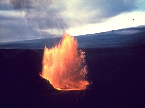 500 foot lava fountain at Kilauea Iki, Hawaii, November 1959. Slopes of Mauna Loa in the background